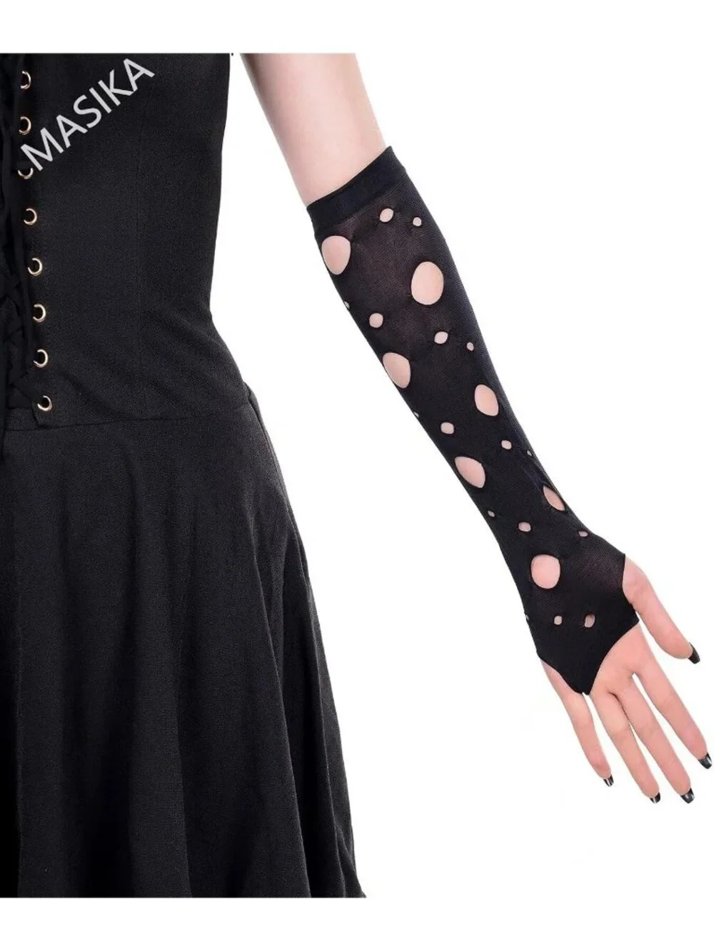 Women's Black Long Hole Cutout Arm Warmers Fingerless Distressed Gothic Gloves